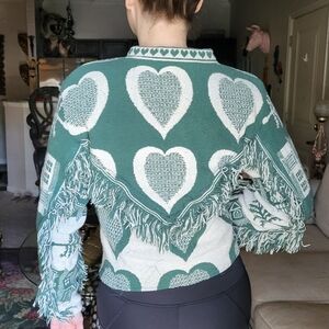 vintage tapestry blanket jacket heart house pattern st Patrick's day green white